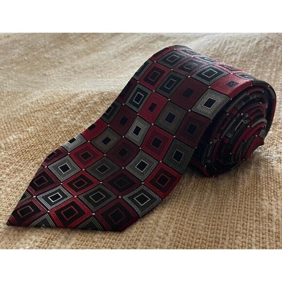 Men's Calvin Klein Silk Business Tie Ruby Red  Grey Black Geometric Blocks - Picture 1 of 8